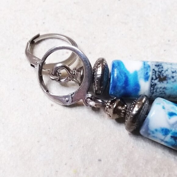 SURF'S UP! One-of-a-kind! Blue & Gray Agate + Hematite Shell Beaded Earrings - Picture 8 of 9